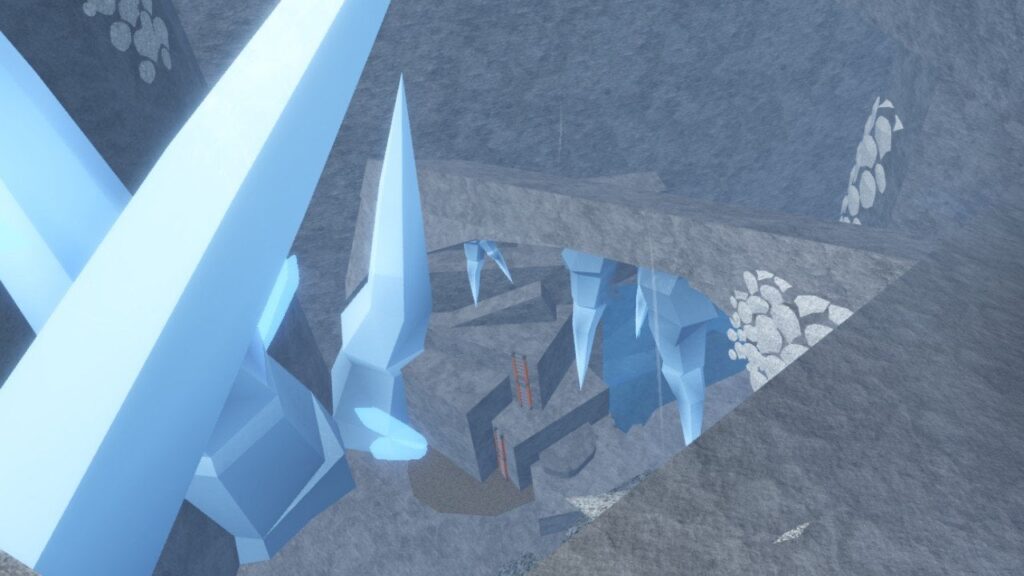 Featured image of our Fisch Glacial Grotto Bestiary Guide. It shows a view inside the Ice Grotto, a cave filled with ice spikes.