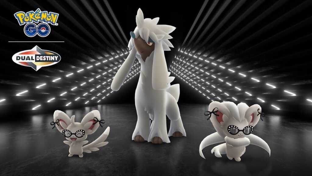 Featured image of our news from Pokémon GO Fashion Week. Features three Pokemon with white skins on the runway.